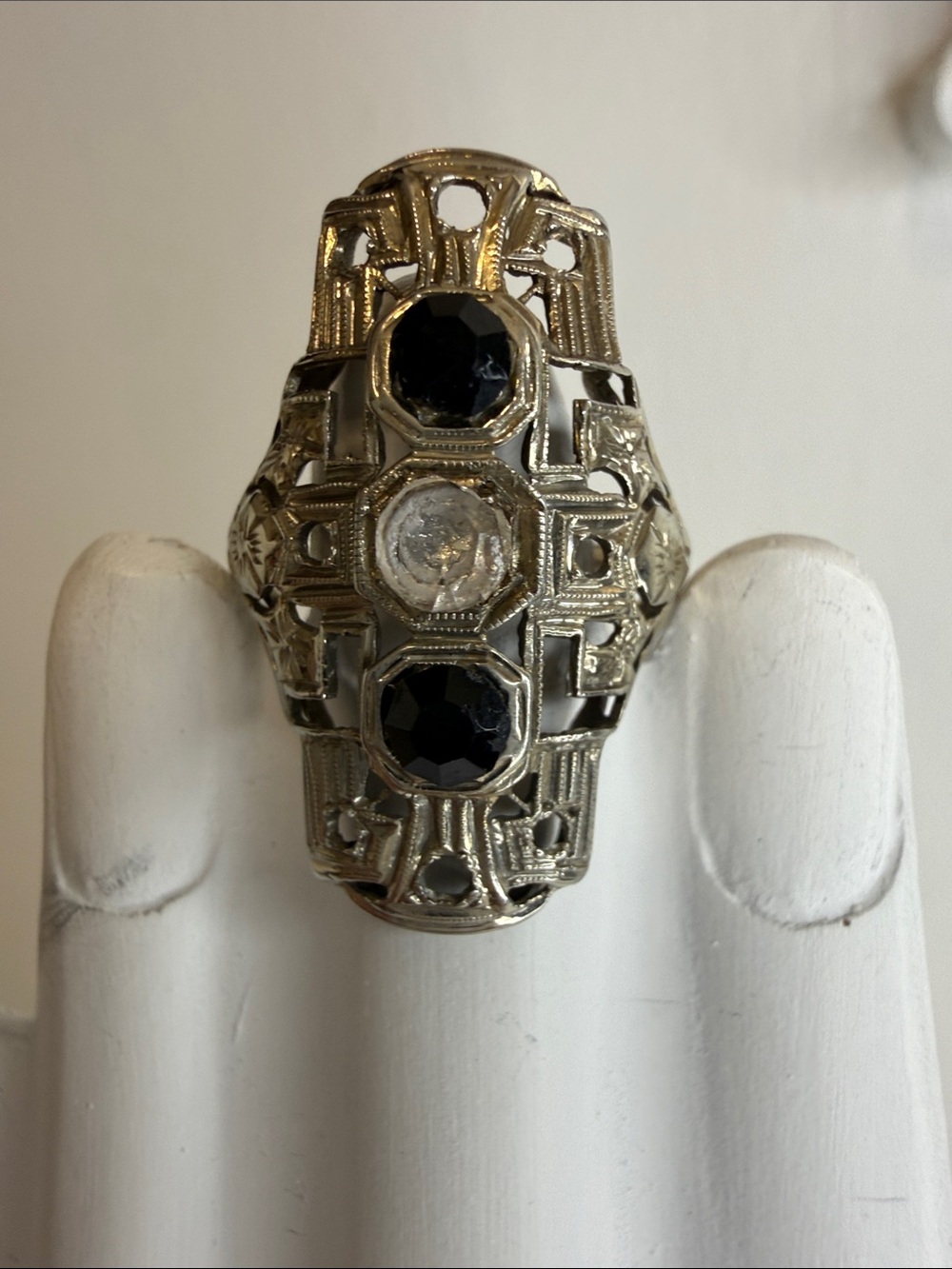 Vintage Art Deco Long Open Filigree Shield Cocktail Dinner Ring Black Clear